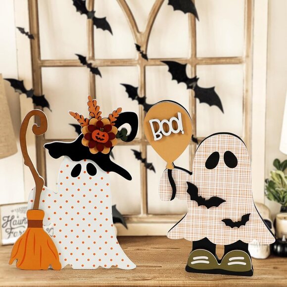 Halloween Decorations Indoor, 2 Pack Cute Wooden Halloween , Witchy Ghost with B - Picture 5 of 9